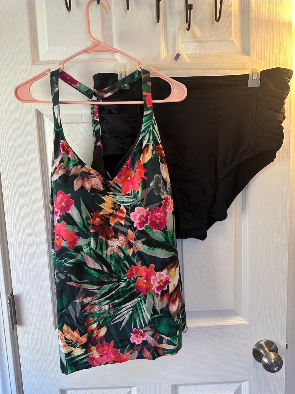 Tropical Floral Tankini with Black High-Waist Bottoms